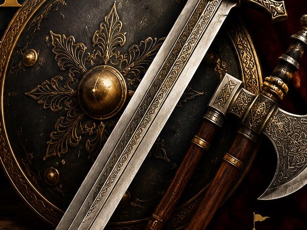 Close detail of an engraved shield boss, a fullered blade and hand-finished axe heads