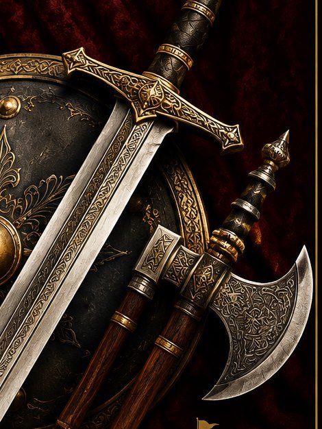Ornate sword hilt, engraved axe head and wooden hafts against deep red drapery