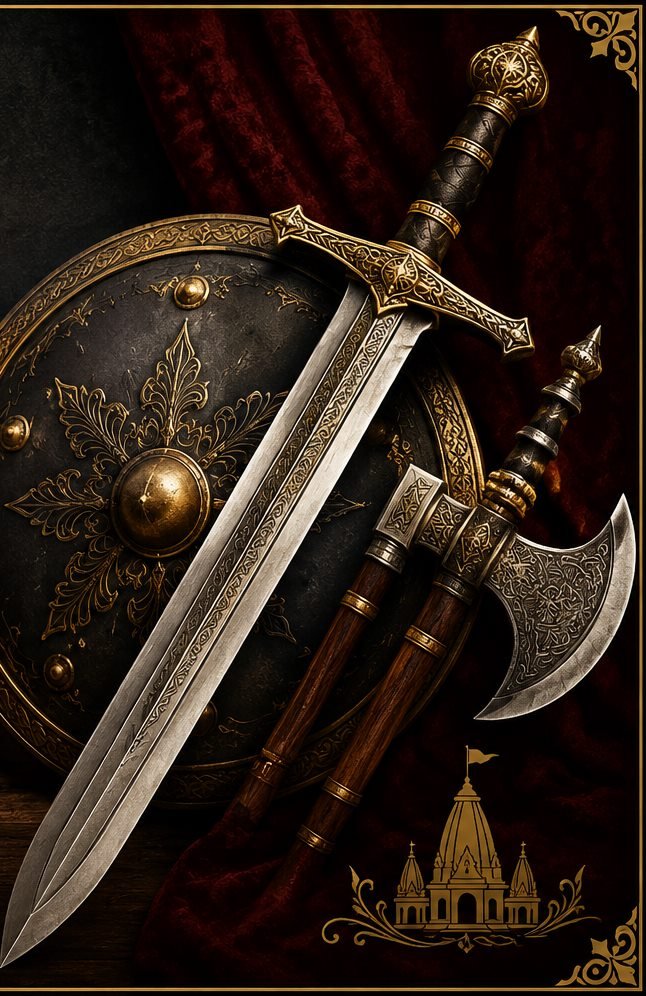 Hand-forged sword, engraved shield and two decorative axes arranged on deep red drapery