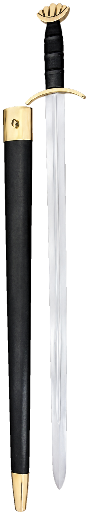 Viking sword with fluted brass pommel beside its black leather scabbard